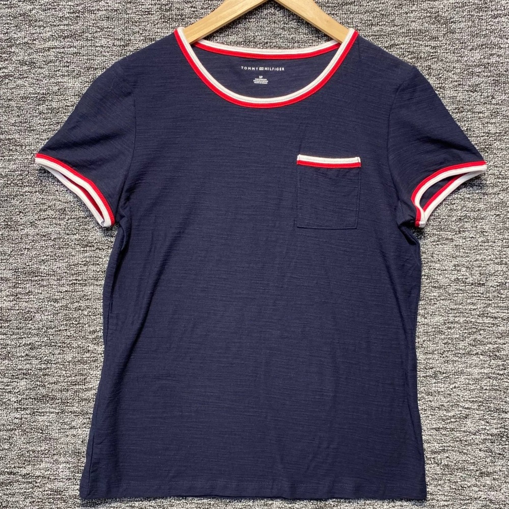 NWT Tommy Hilfiger Ringer Pocket Tee Womens S Navy Blue Red White Trim T-Shirt